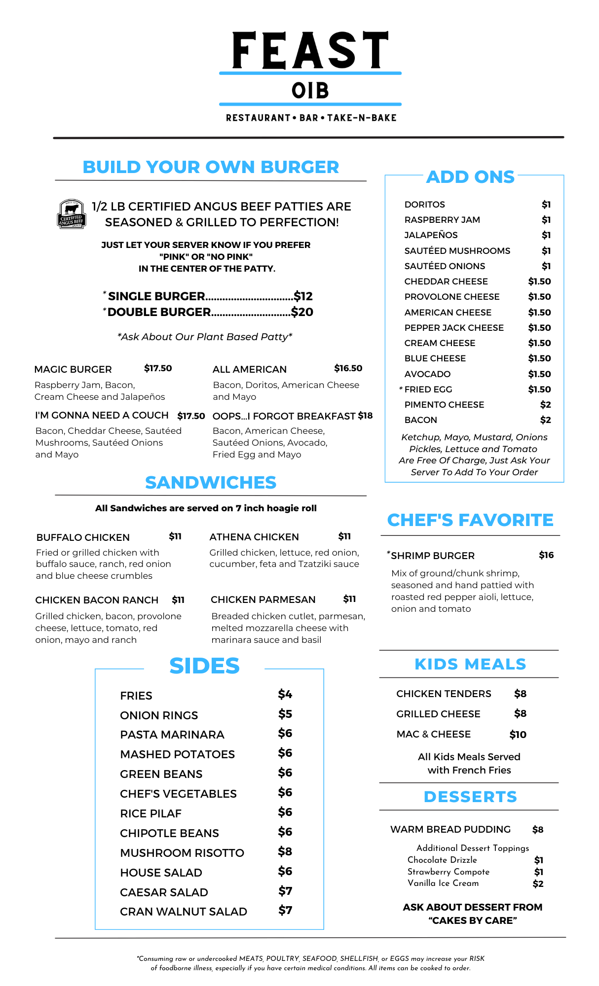 Menu for Feast OIB restaurant featuring food categories: Build Your Own Burger, Sandwiches, Sides, Add Ons, Chef's Favorite, and Kids Meals. Pricing and meal options are detailed under each category.