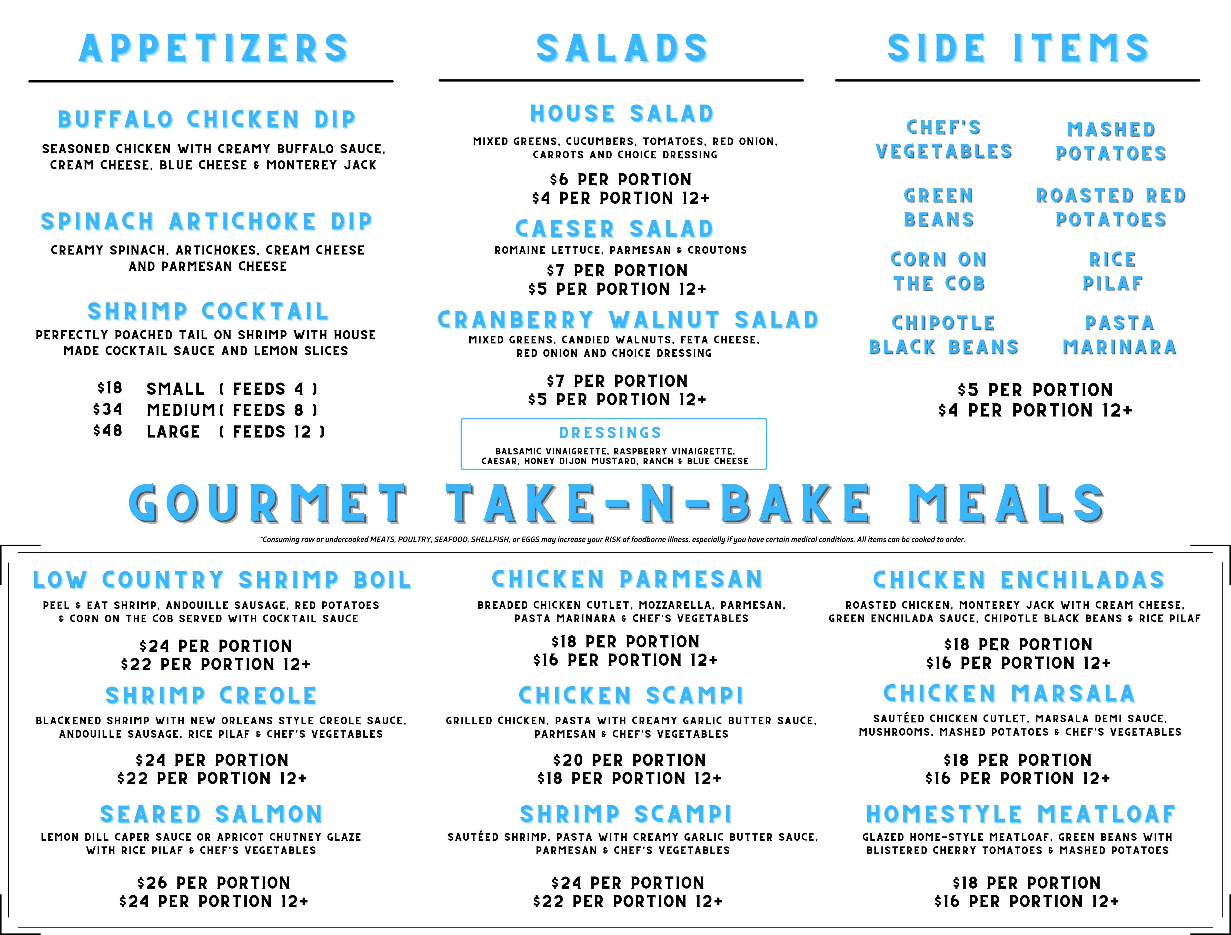 Menu with sections for appetizers, salads, side items, and gourmet take-n-bake meals. Items include various dips, seafood, salads, and meals like shrimp scampi, chicken bake, and buffalo enchiladas. Prices listed.